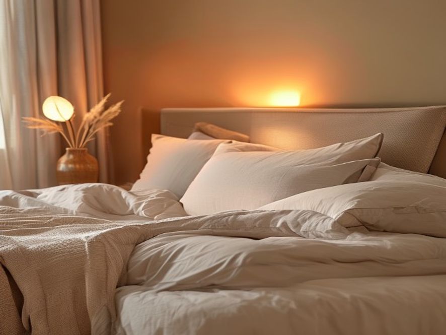 Neatly arranged bed with layered neutral bedding and soft textures
